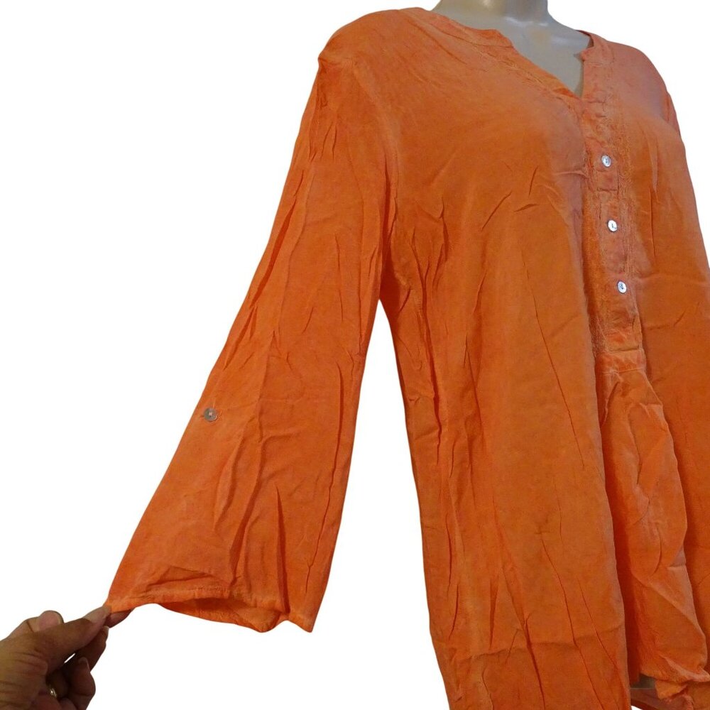 Democracy Women Orange 3/4 Sleeve Tunic Top 3-Button Size L Boho Peasant - Picture 4 of 11